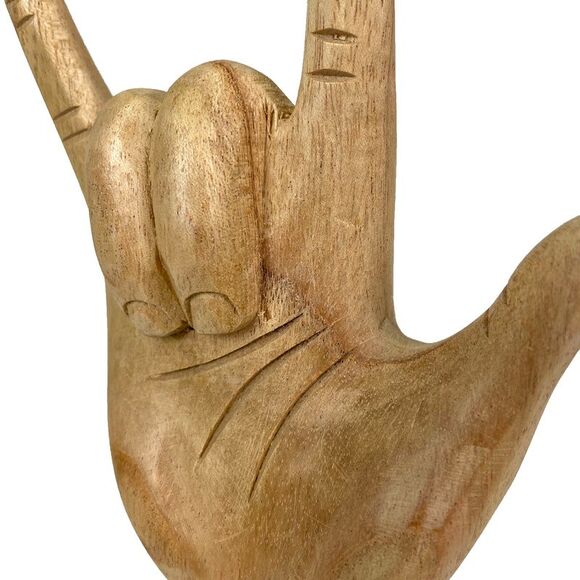 Carved Wooden Sign Language I Love You Hand Gesture Statue 7.75 Inches High - Picture 3 of 9
